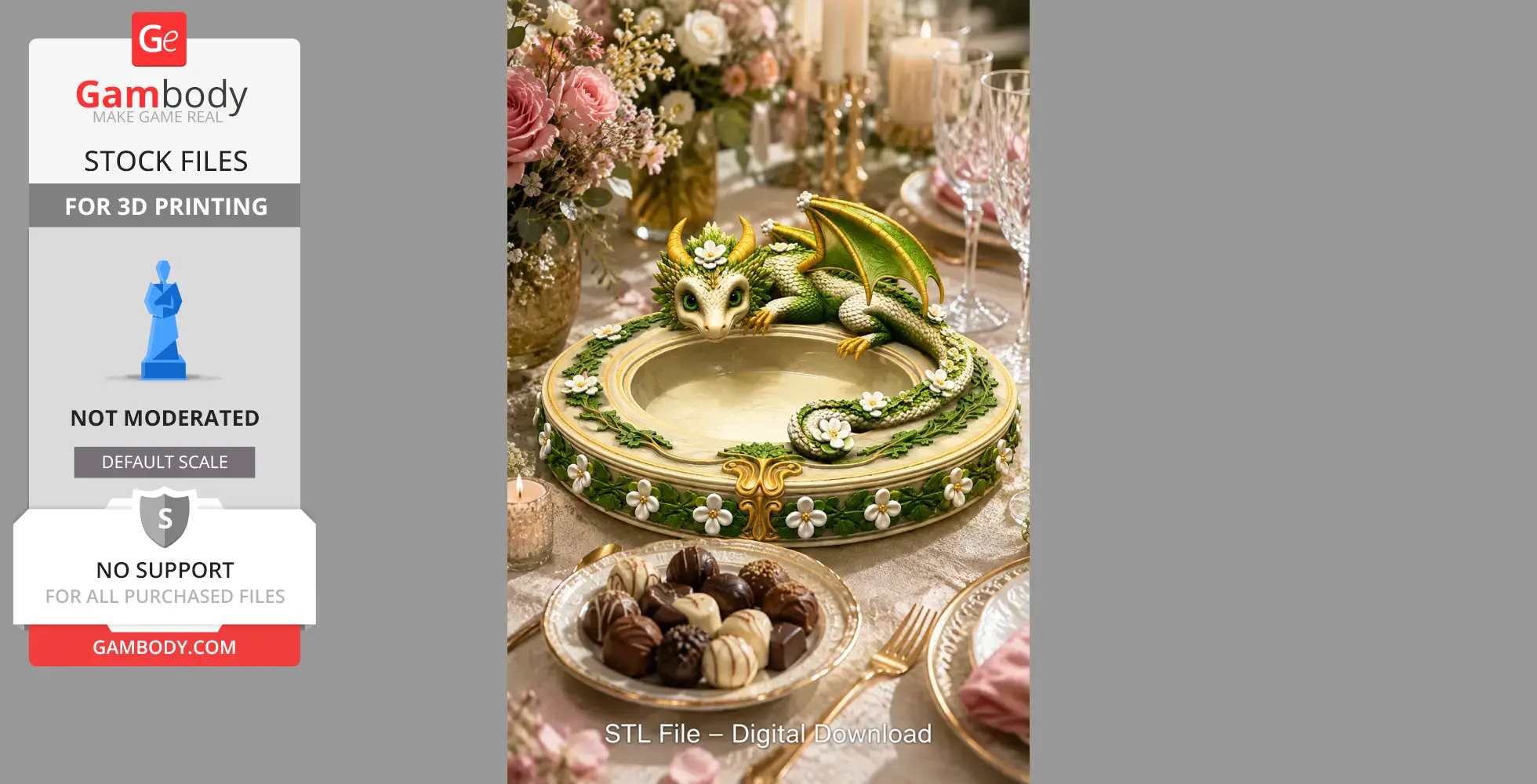 A decorative bowl with a green dragon design, adorned with blossoms, set on an elegant dining table.
