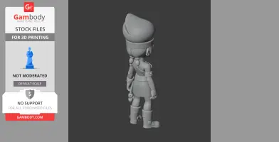 3D model of a character with a tall hat, braided hair, and boots, viewed from behind, ready for printing.