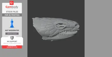 3D model of a blue-tongued skink skull, detailed with textured scales, shown in profile.