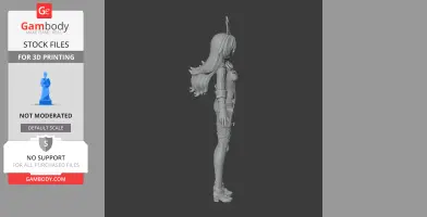 3D model of a female character with long hair and a headband, seen from the side, ready for printing.