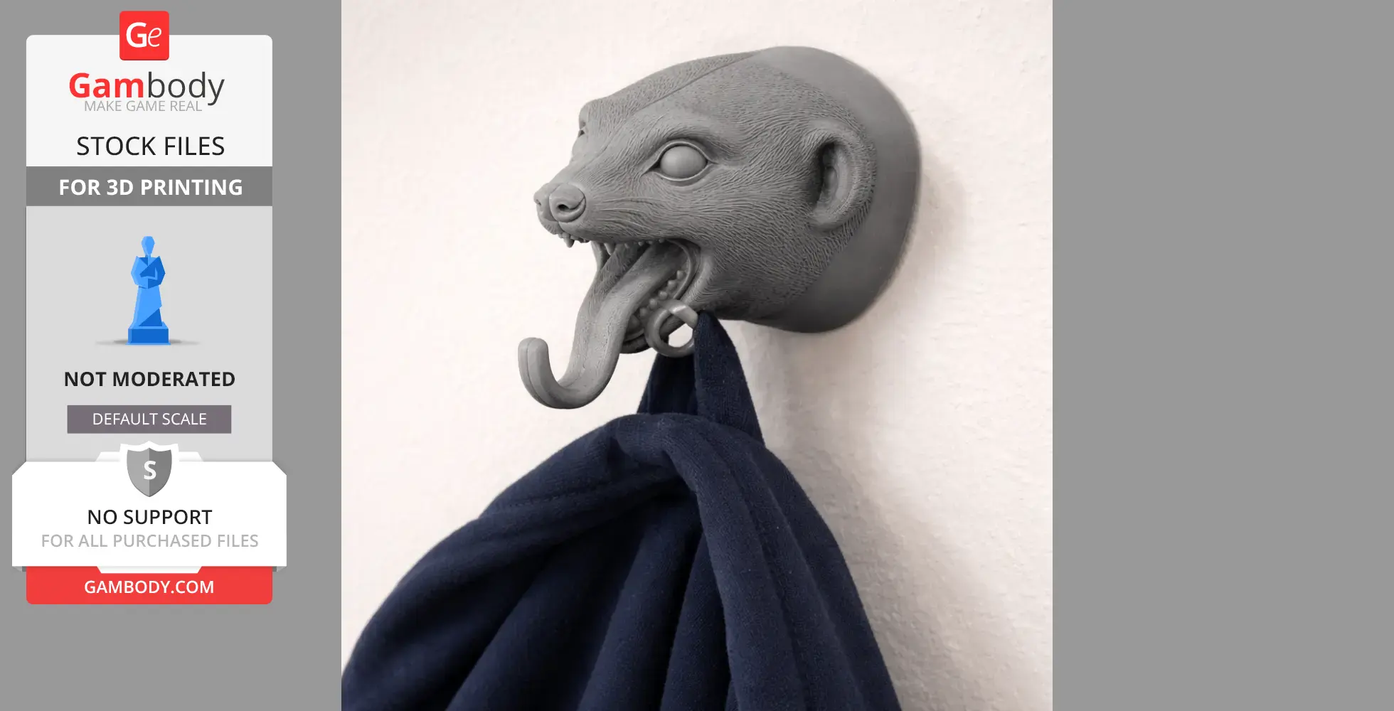 3D-printed meerkat head wall hanger with open mouth, holding a coat.