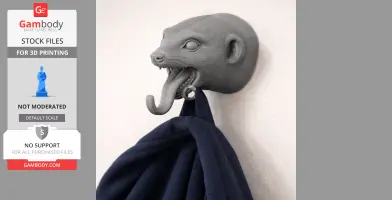 3D-printed meerkat head wall hanger with open mouth, holding a coat.