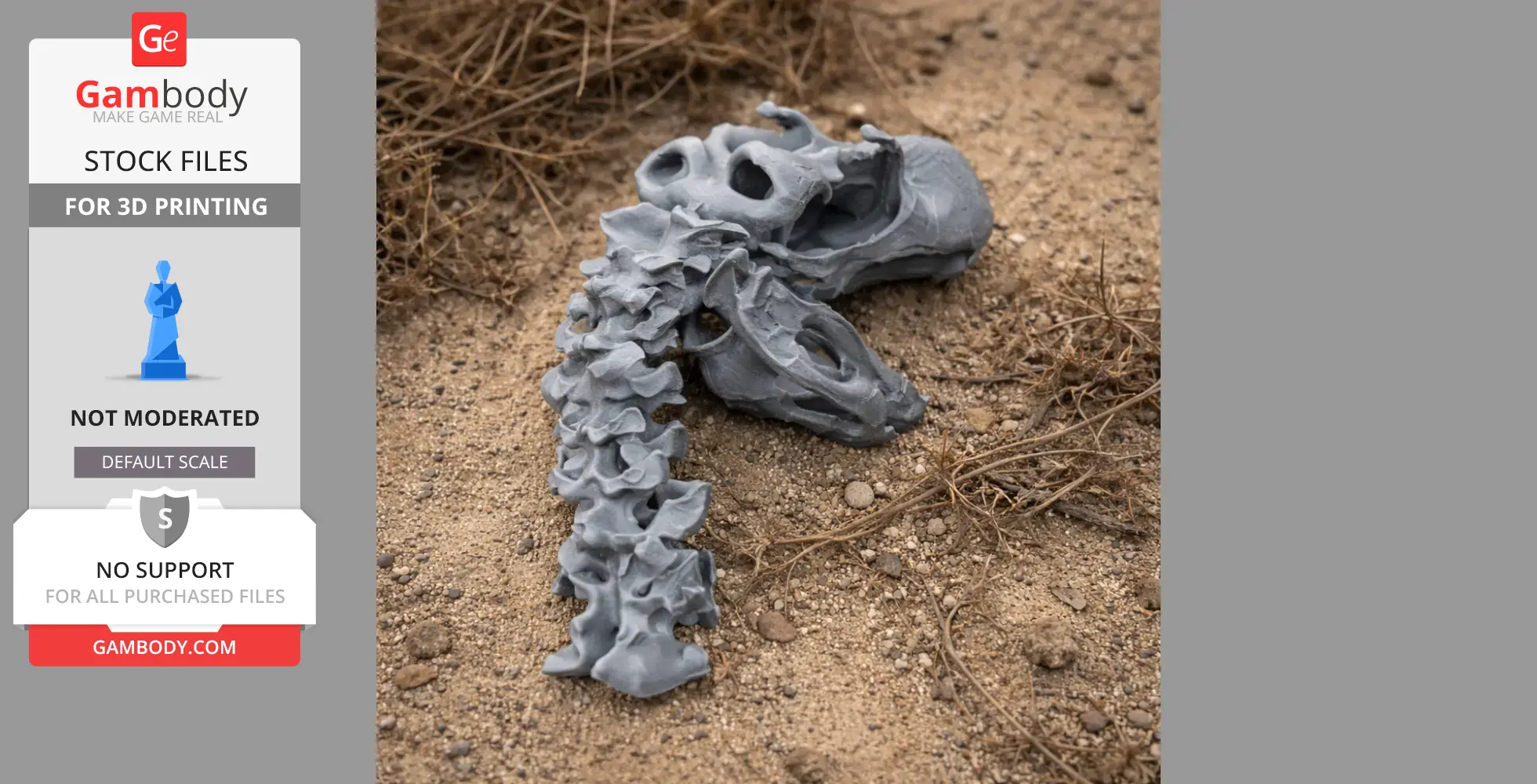 3D-printed Brontornis burmeisteri skull on sandy ground, detailed and life-like.
