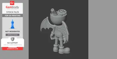 3D model of a cartoon character with angel and demon wings, wearing boots, viewed from behind.
