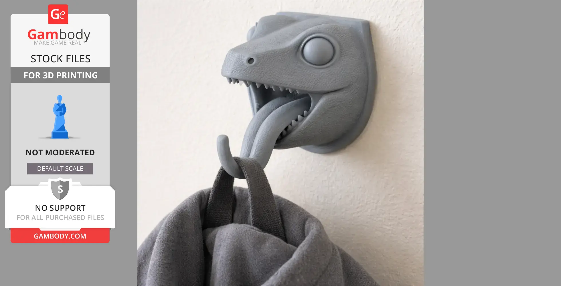 A wall-mounted newt head hook holding a coat with its tongue-shaped hanger.