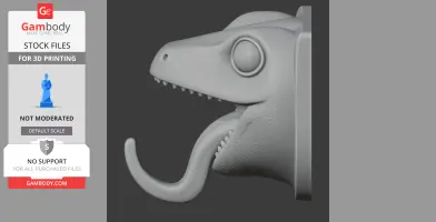 Three-dimensional dino head-shaped wall hook for coats and keys, mouth open with tongue hook.