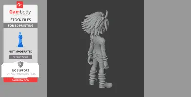 Character model with spiky hair and layered outfit, viewed from the back, for 3D printing.