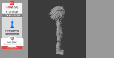 A 3D model of a character with spiky hair and boots, viewed from the side, designed for 3D printing.