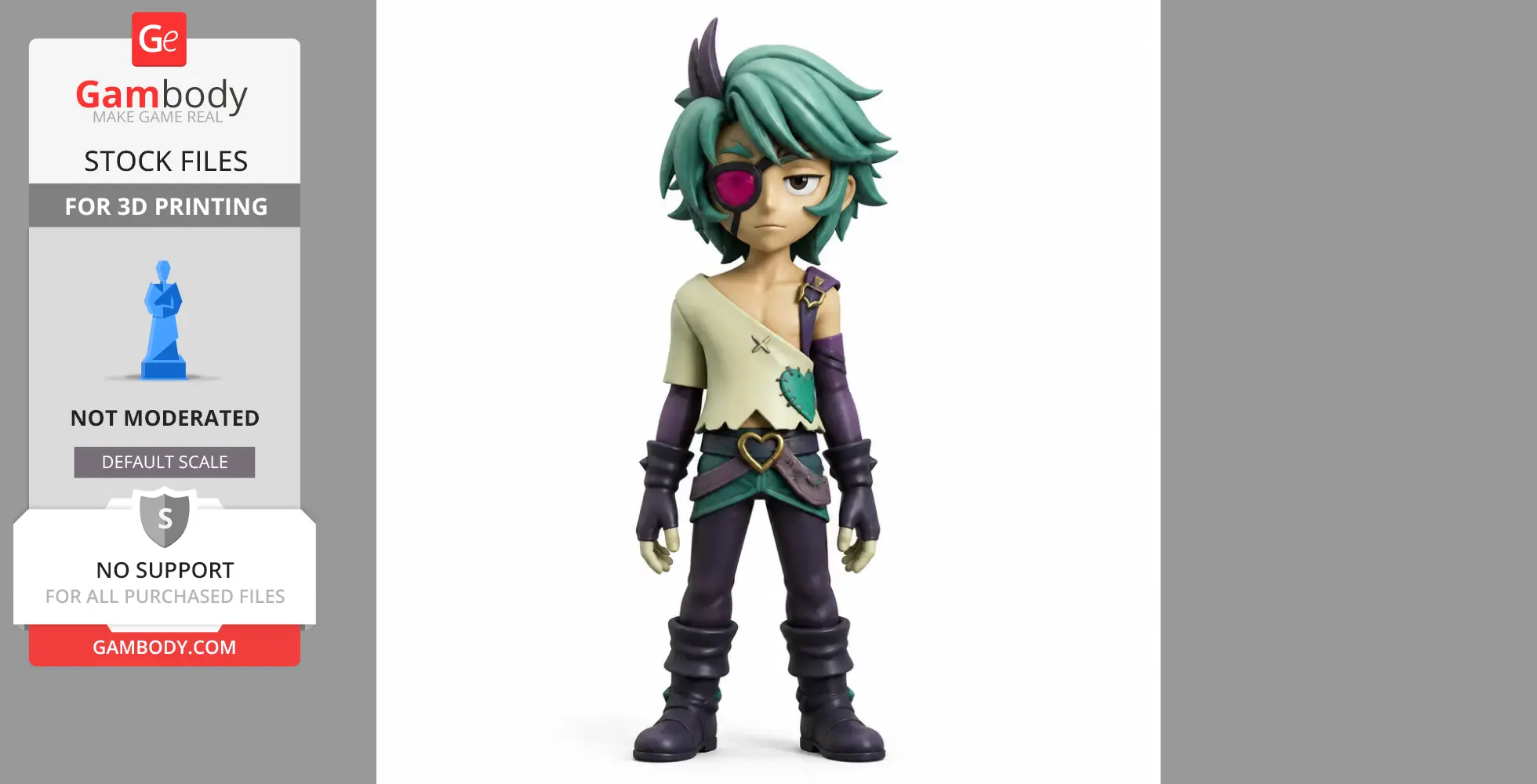 A 3D model of a character with green hair, eyepatch, torn shirt, and gloves, suitable for 3D printing.