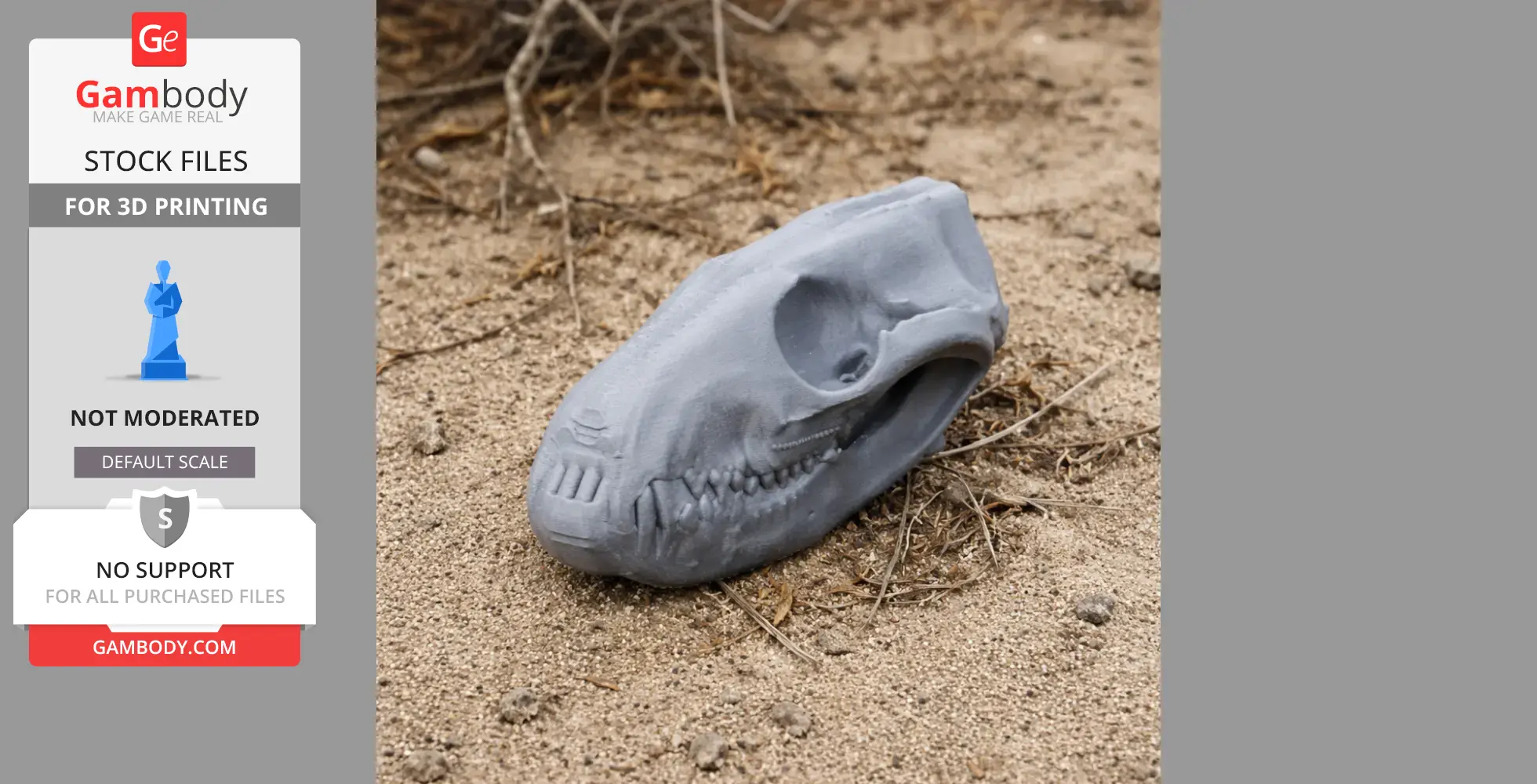 3D-printed bronze quoll skull model on sandy ground.