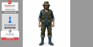 Bearded angler in a fishing outfit, wearing a green vest and hat, blue shirt, and rubber boots.