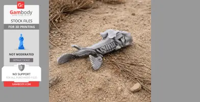 Gray 3D printed brownbanded bamboo shark skull lying on sandy ground.