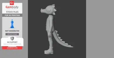 Cartoon dinosaur character standing sideways, with large tail and spiky back, ready for 3D printing.
