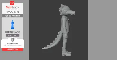 3D model of an anthropomorphic alligator in a jacket, standing in profile view.