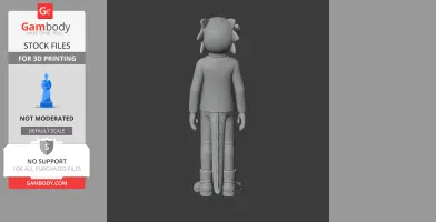 A 3D model of a cartoonish character with animal ears, viewed from the back, for 3D printing.