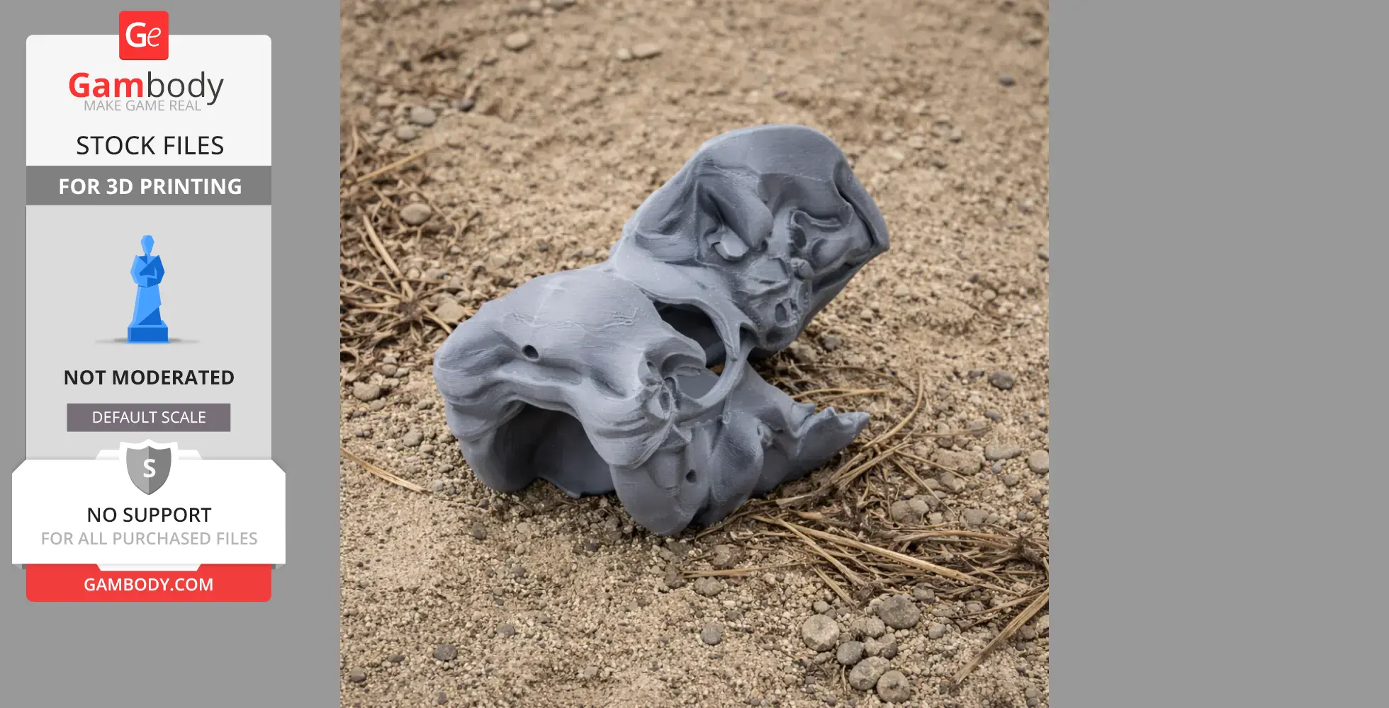 3D printed Bullockornis skull model in gray, resting on a textured sandy surface.
