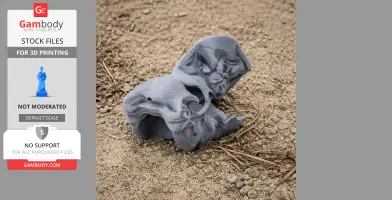 3D printed Bullockornis skull model in gray, resting on a textured sandy surface.