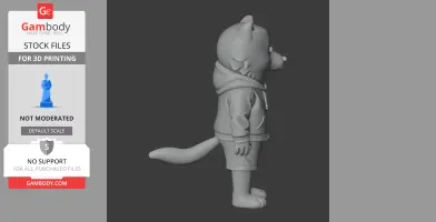 Gray 3D model of a cartoon dog character in a hoodie, shown from the side, ready for 3D printing.