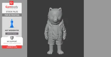A 3D model of a cartoonish dog in a hoodie and shorts, standing upright for printing.