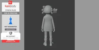 A 3D model of a cartoon character wearing a dinosaur hat, viewed from the back, ready for 3D printing.