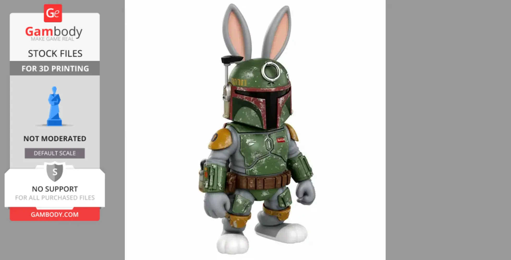 A figure of Bugs Bunny in Boba Fett armor with long ears, designed for 3D printing.