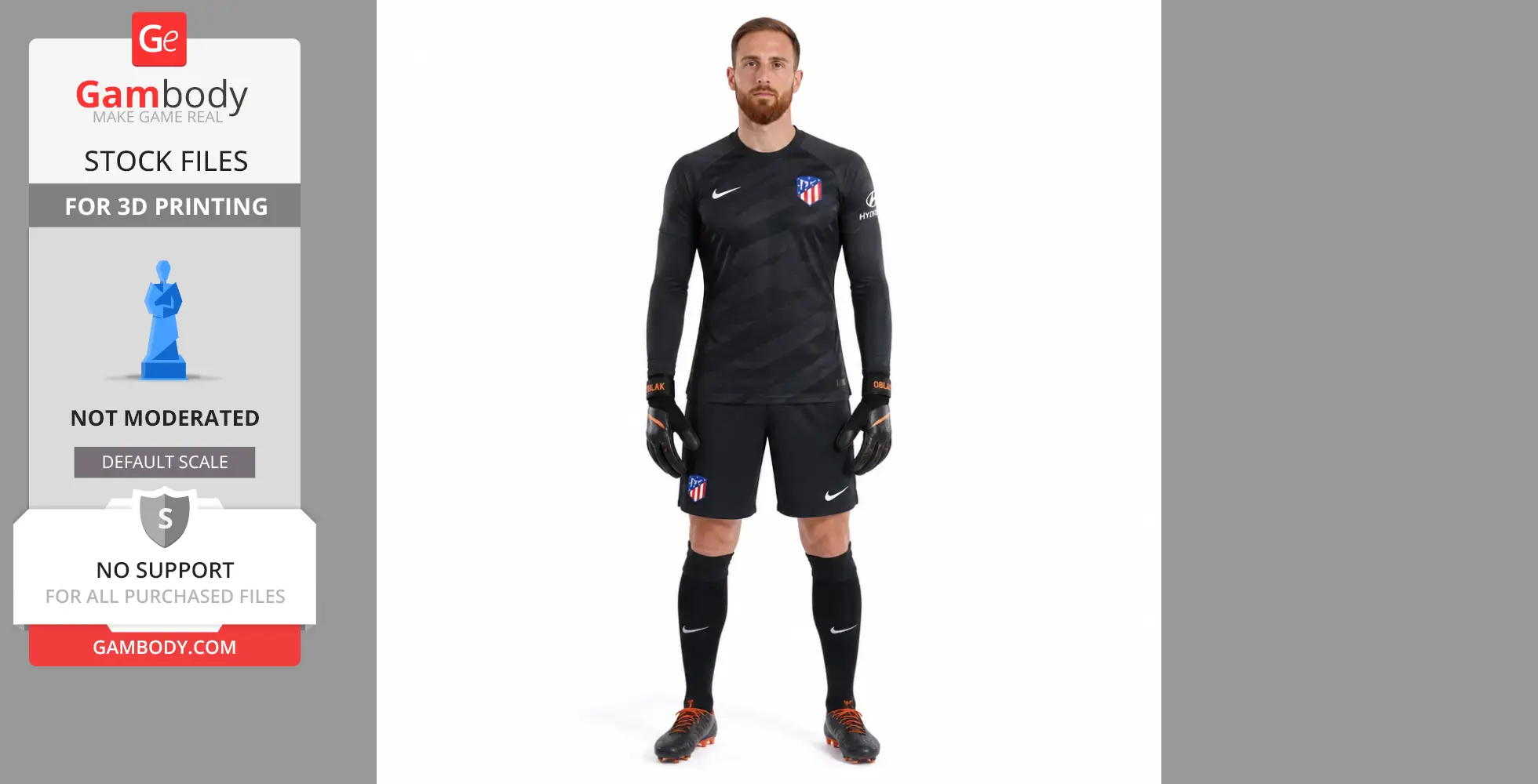 A 3D model of a soccer player in a black goalie uniform, wearing gloves and standing upright.