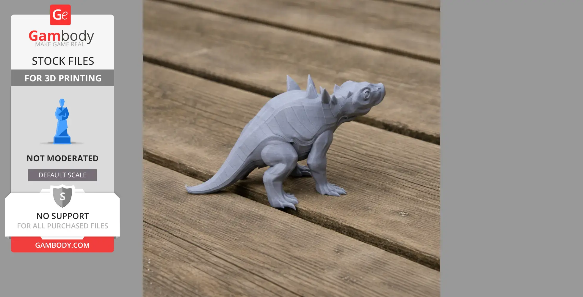 Gray 3D-printed Liaoningosaurus model with spikes, on a wooden surface.