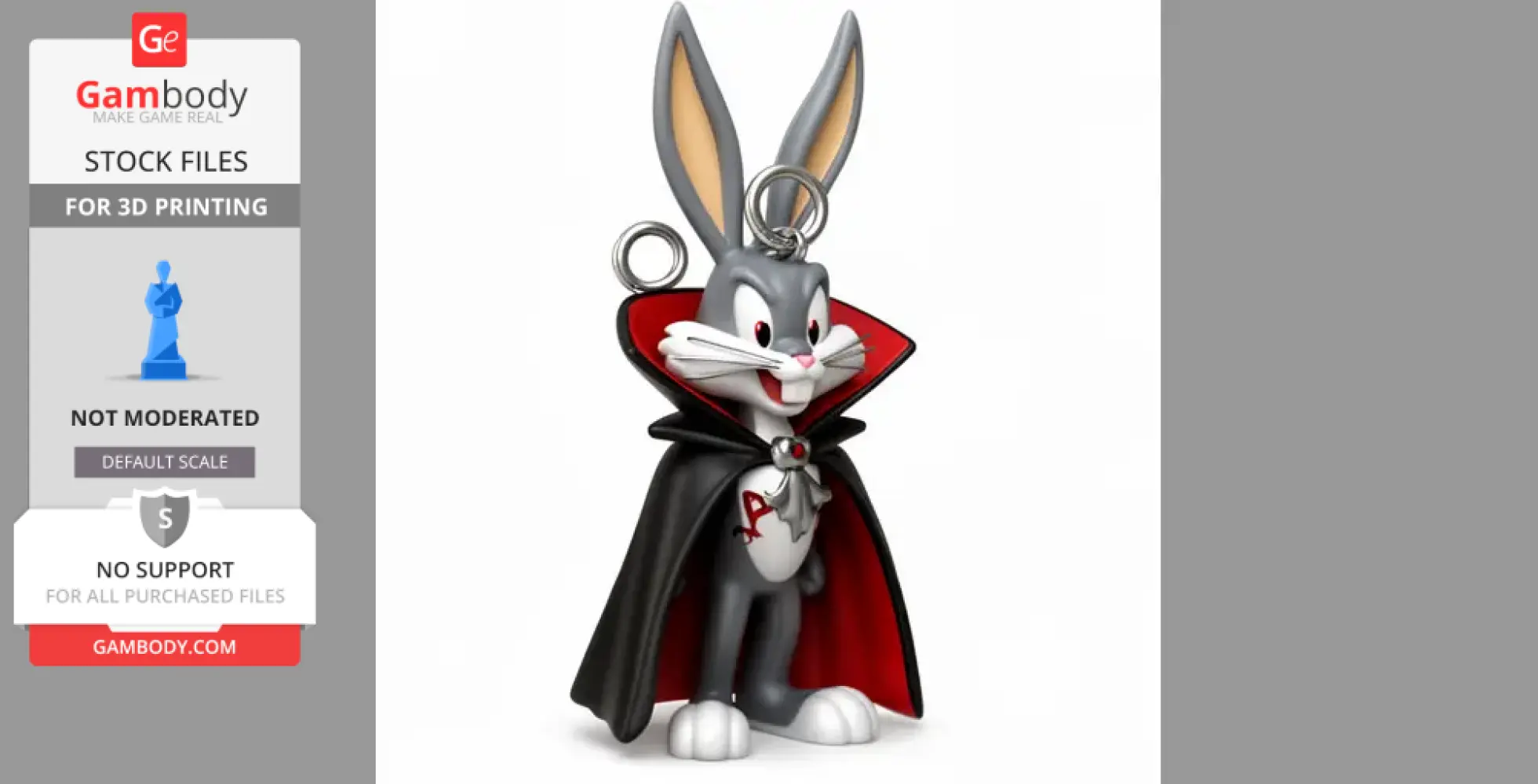 Cartoon rabbit in a Dracula cape with rings on ears, designed for 3D printing.