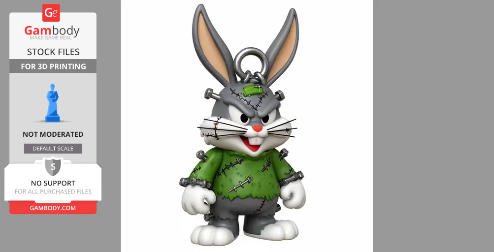 Cartoon rabbit with Frankenstein stitches and bolts, wearing a green shirt, designed as a ring figure.