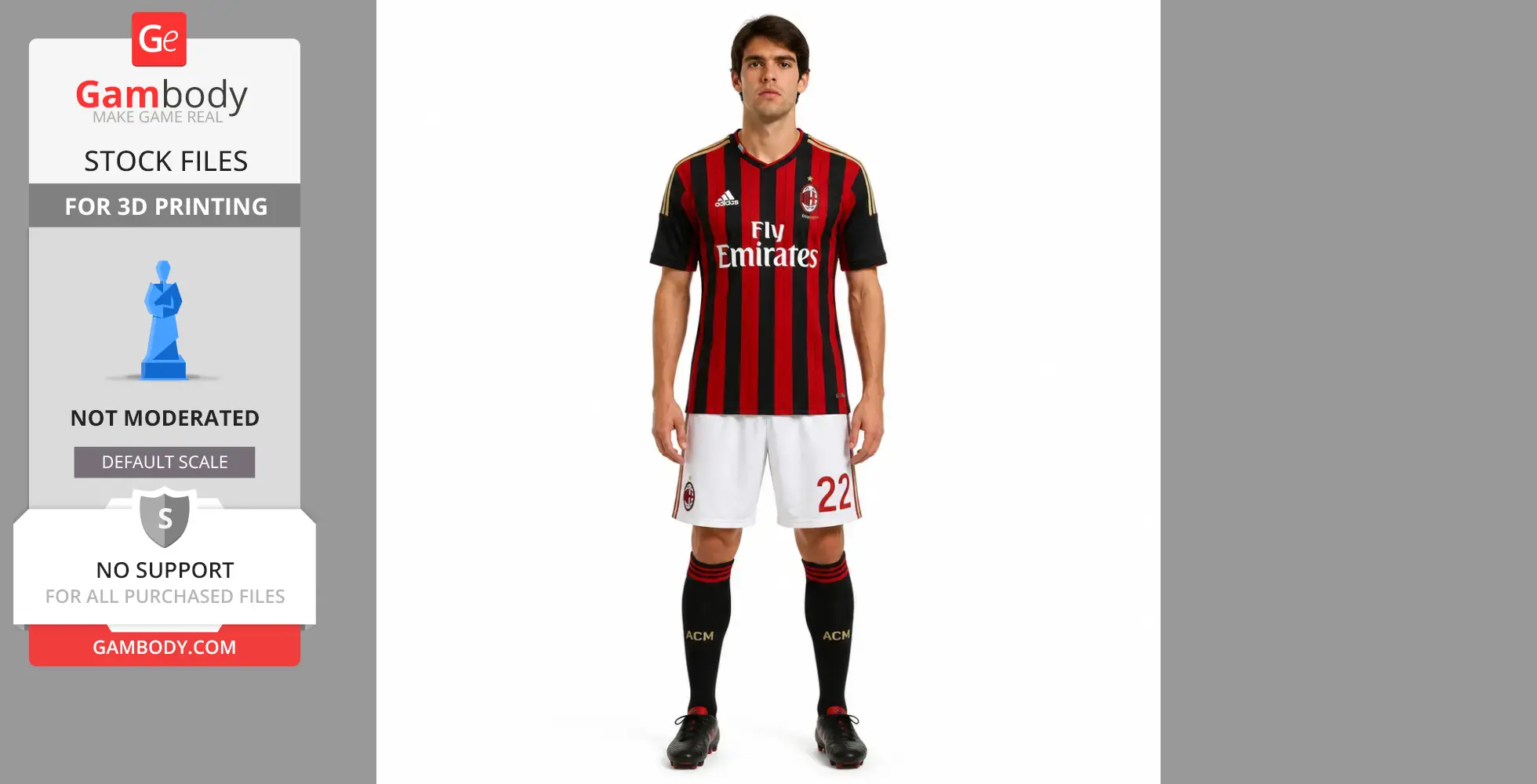Soccer player model in red and black jersey, white shorts, black socks, ready for 3D printing by Gambody.