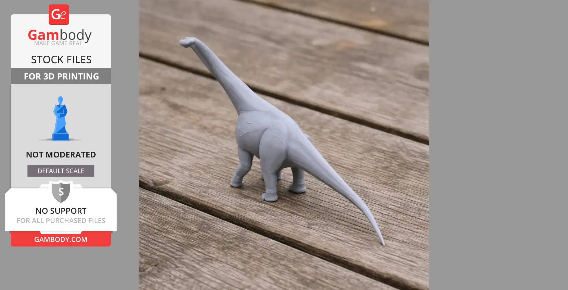 Gray 3D printed model of a Ligabuesaurus dinosaur on a wooden surface.