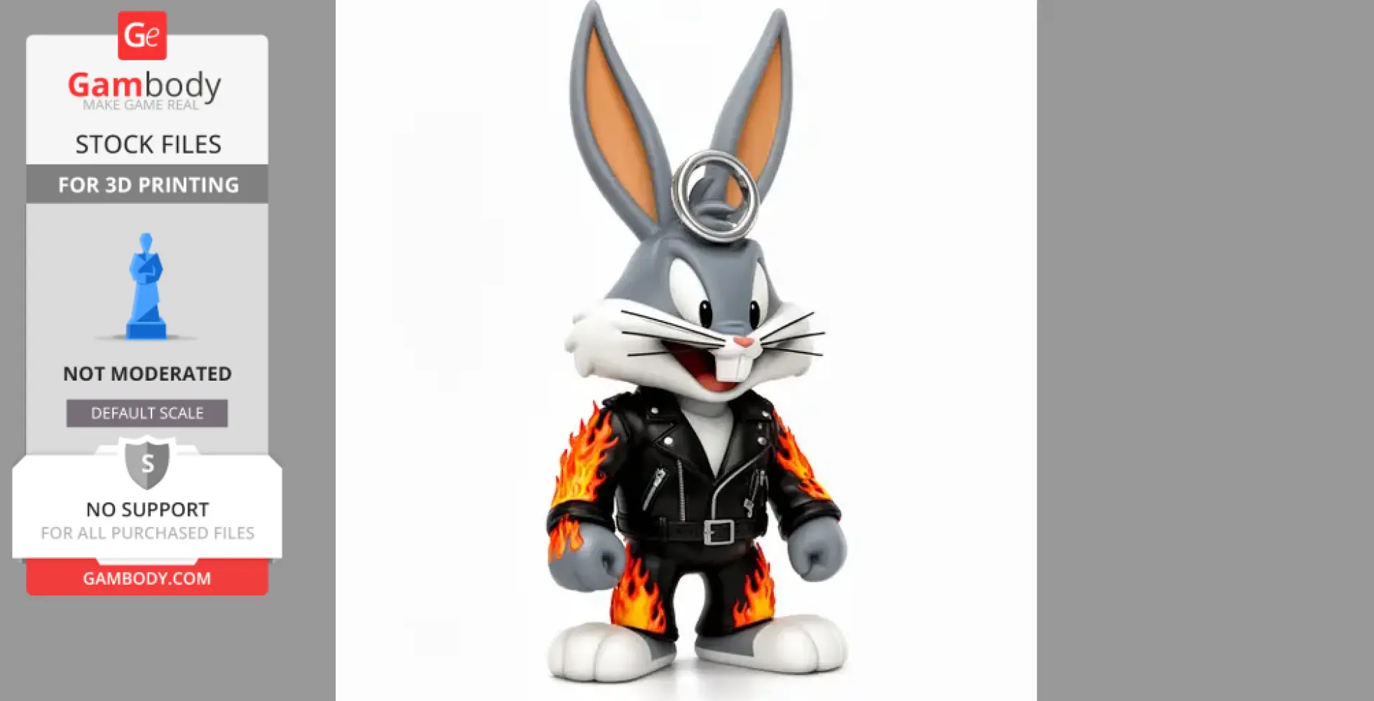 Anthropomorphic rabbit in a leather jacket with flame details, wearing a ring on ears, styled like Ghost Rider.
