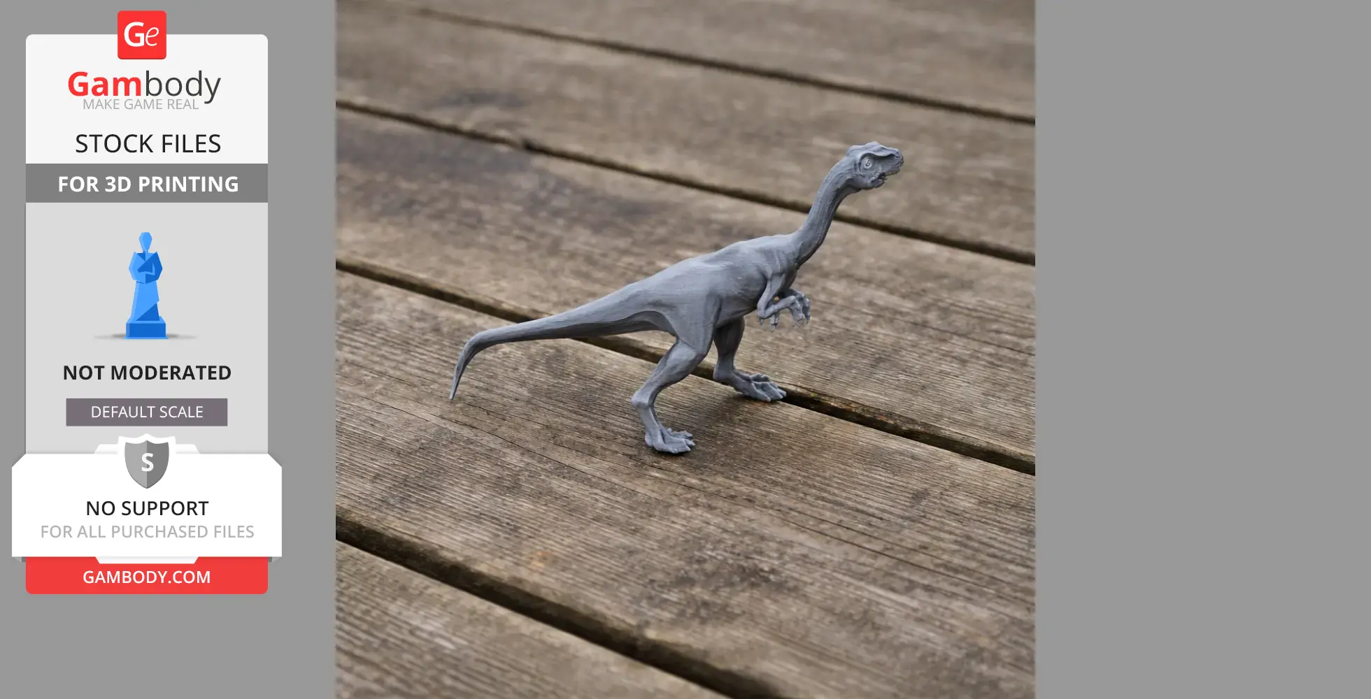 Gray 3D printed Liliensternus figure stands on wooden planks.