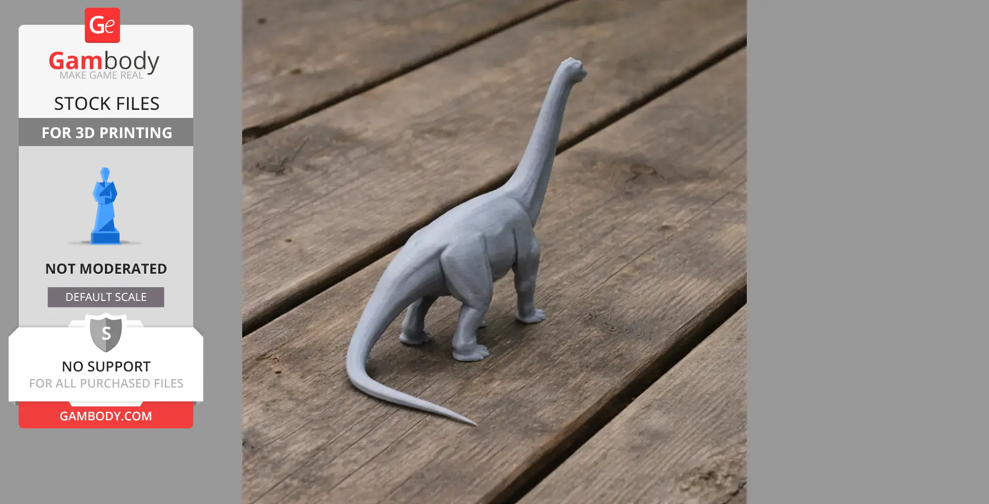 A 3D printed model of a Lirainosaurus dinosaur with a long neck and tail on a wooden surface.