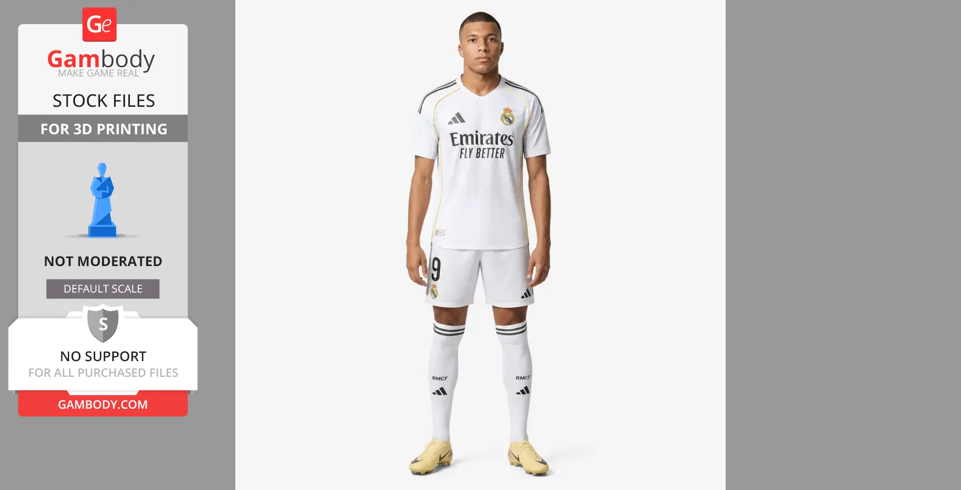 A 3D model file for printing a soccer player in a white and black uniform with cleats.