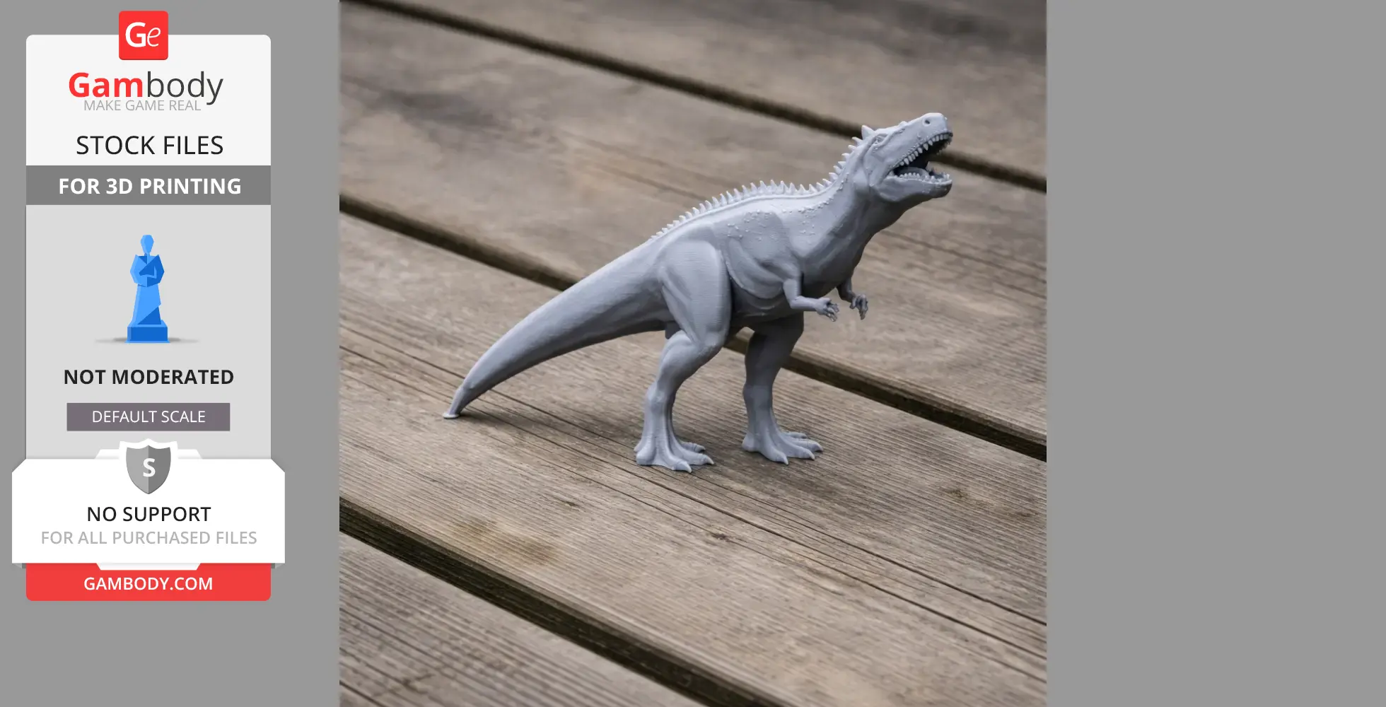 Gray 3D-printed Lourinhanosaurus model displayed on a wooden surface.