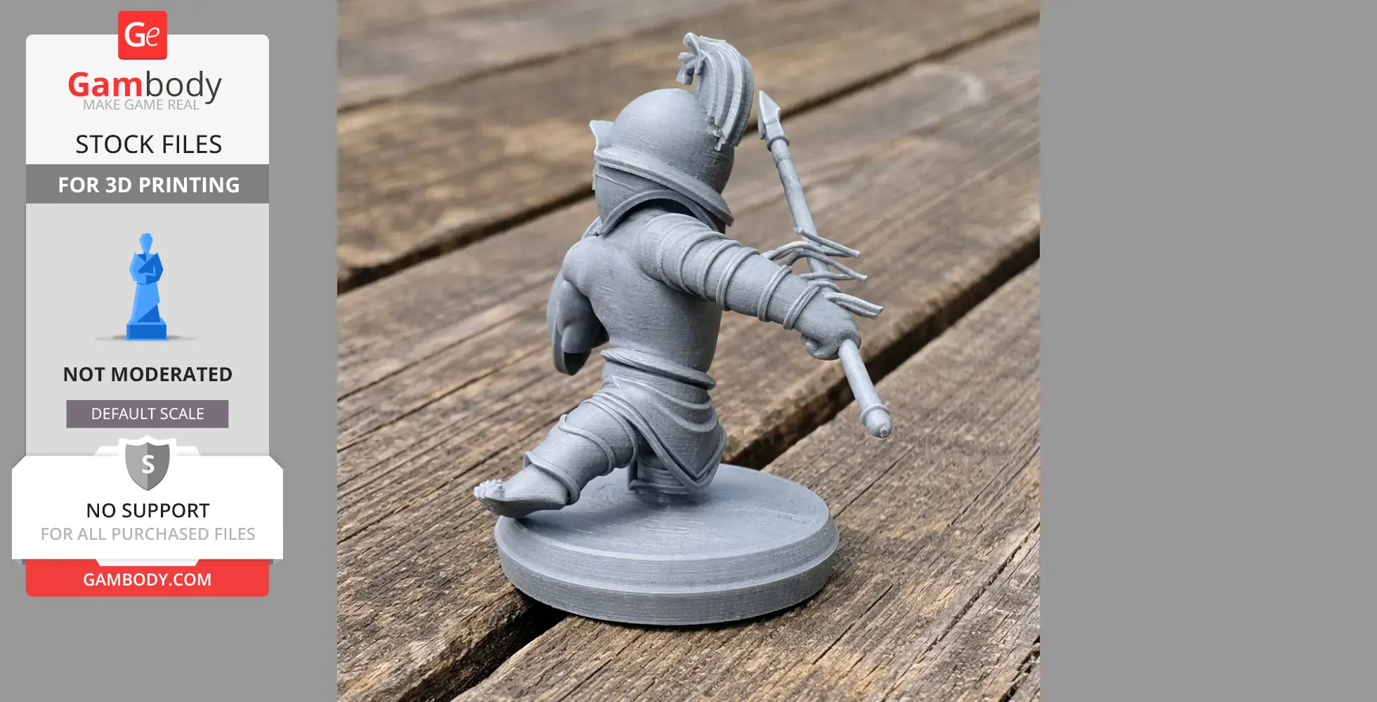 Gray 3D-printed gladiator figure on a wooden surface, wielding a spear and wearing armor.