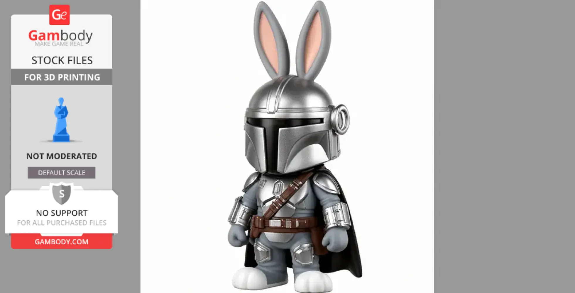 Anthropomorphic figure with bunny ears in a Mandalorian armor, wearing a helmet and cape.