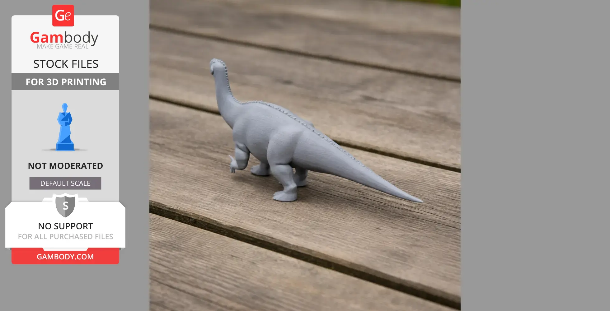 Gray 3D-printed Lurdusaurus model on wood plank background.