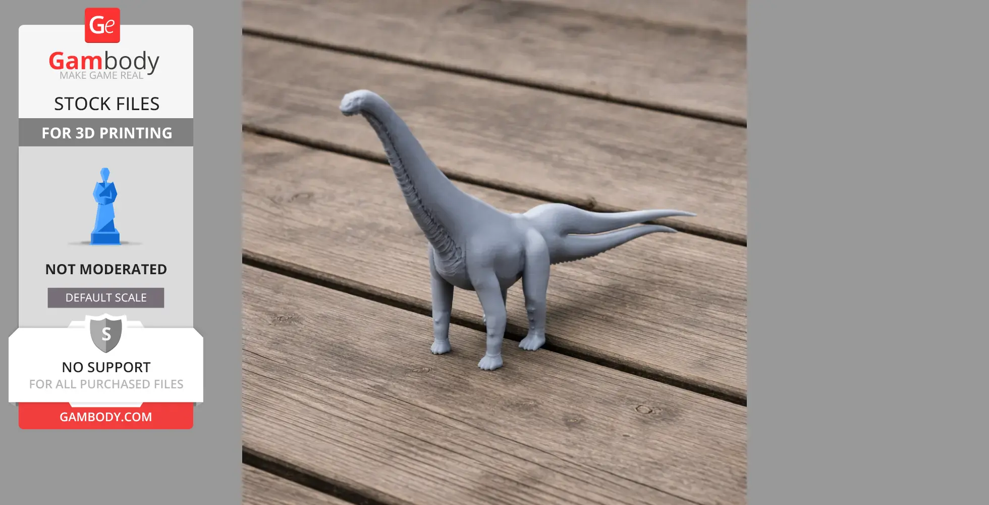 A 3D-printed model of a Lusotitan dinosaur displayed on a wooden surface.
