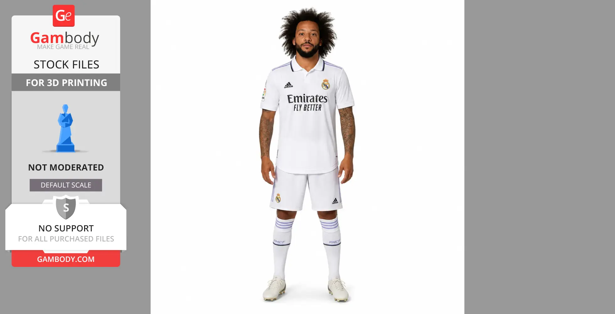 Soccer player model in a white uniform, with curly hair, for 3D printing from Gambody.