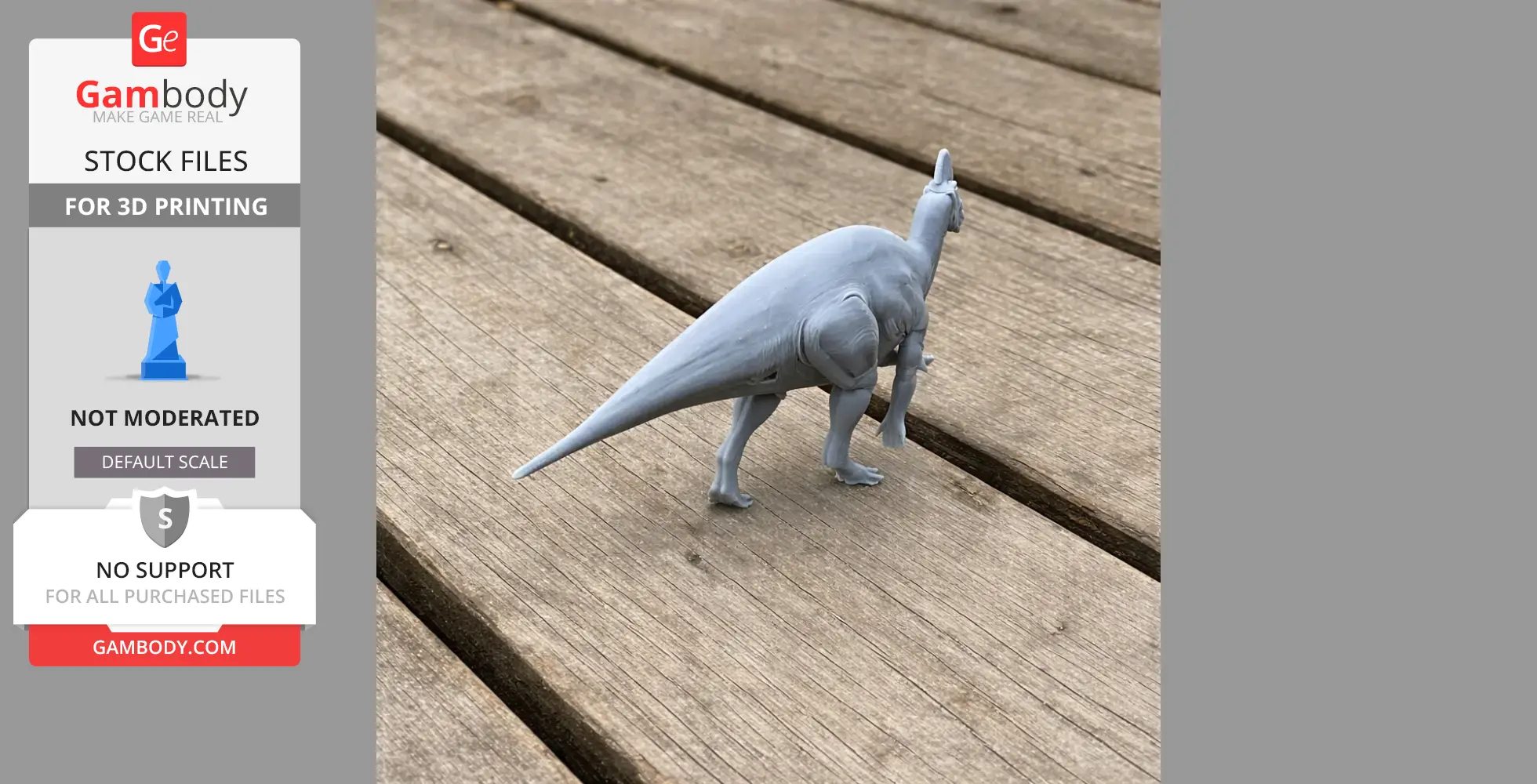 A 3D printed model of a Magnapaulia dinosaur on a wooden surface.