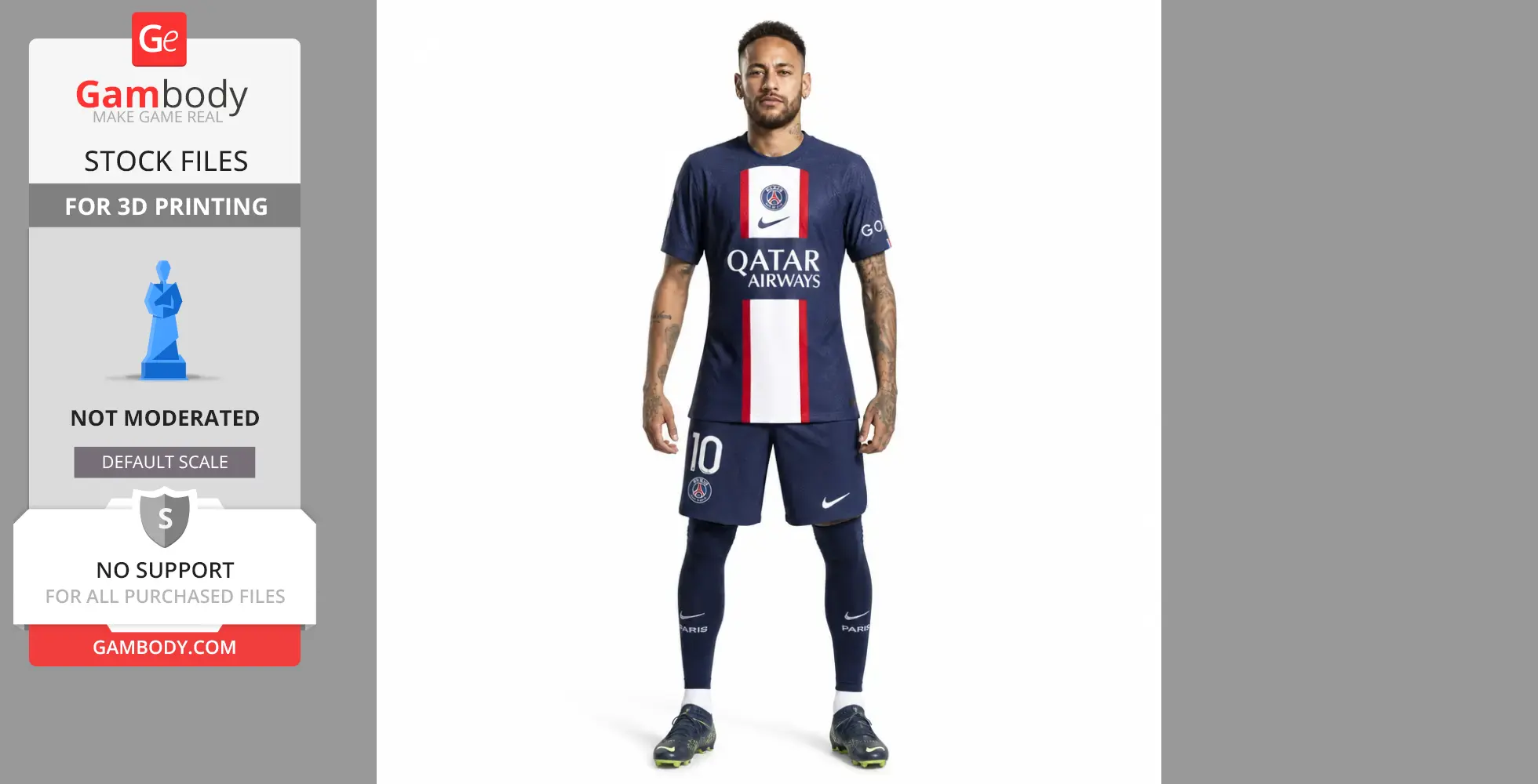 A soccer player figure in a blue and white jersey with red stripes and branded logos, suitable for 3D printing.