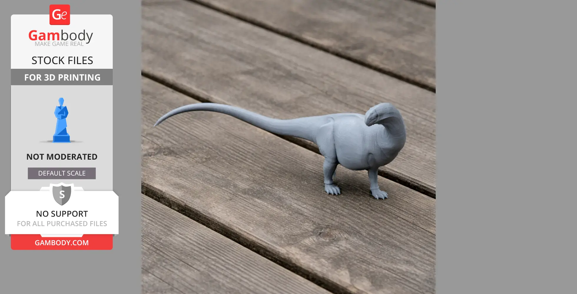 3D printed Malawisaurus dinosaur model on wooden surface.