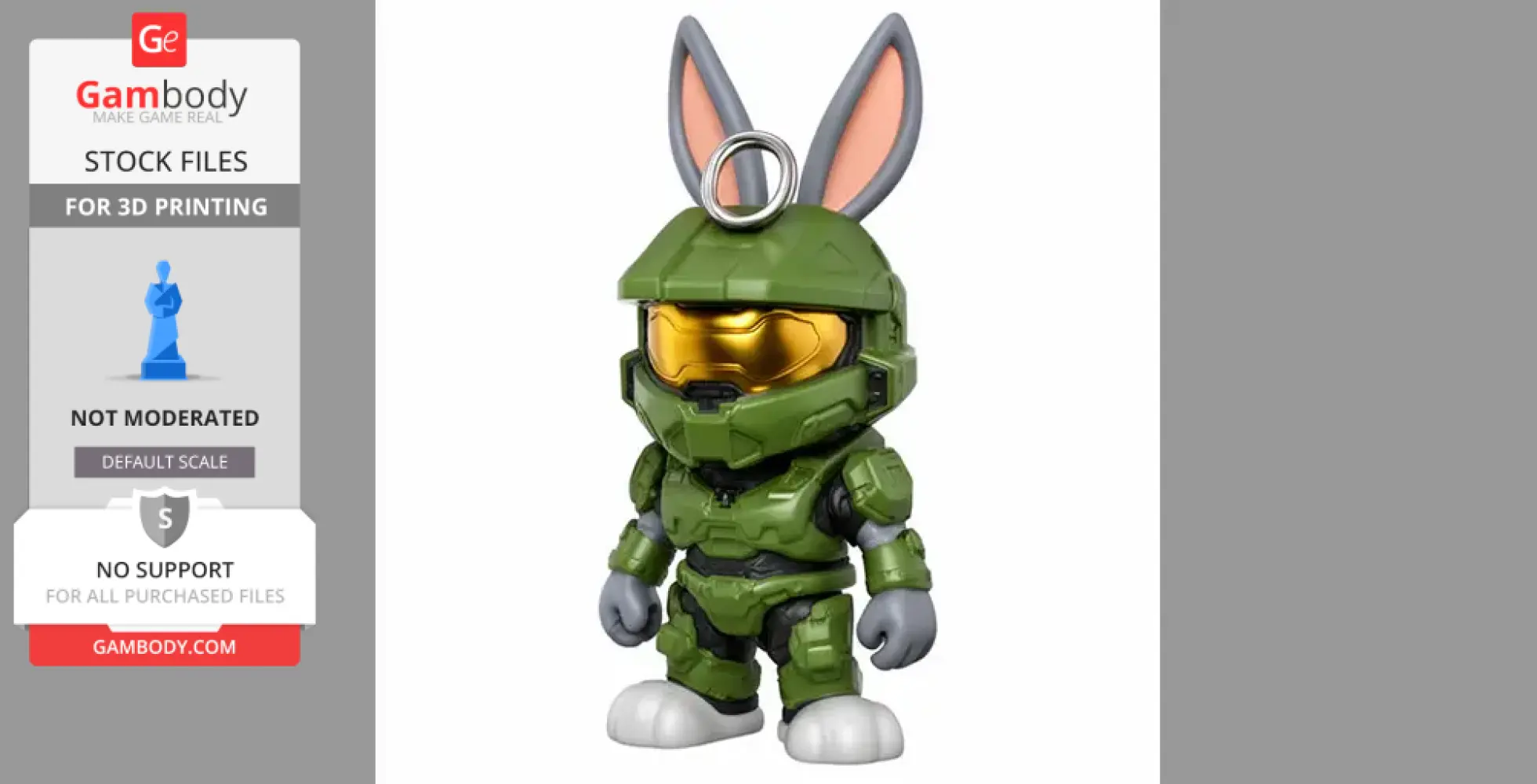 Bunny with Halo-themed armor and ears, fused for a 3D print model, featuring a ring on the helmet.
