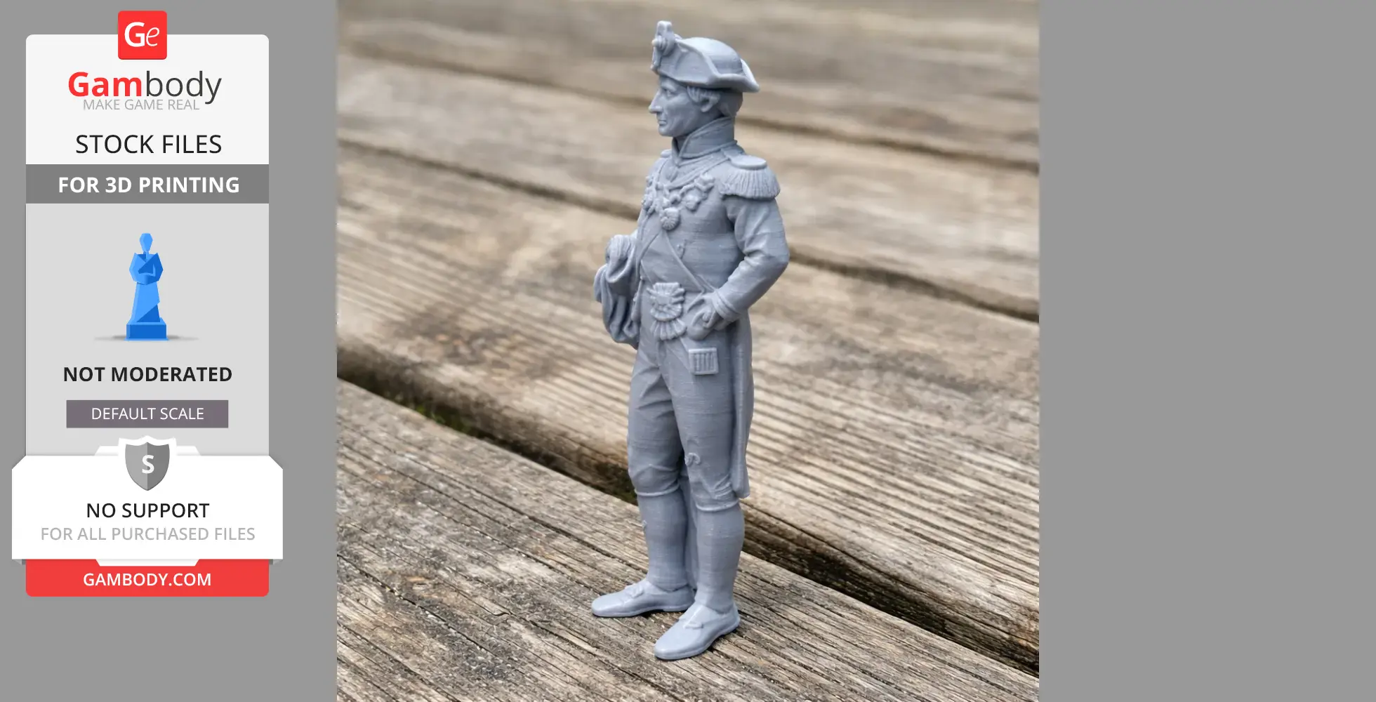Gray 3D-printed model of a Napoleonic soldier in uniform, standing on a wooden surface.