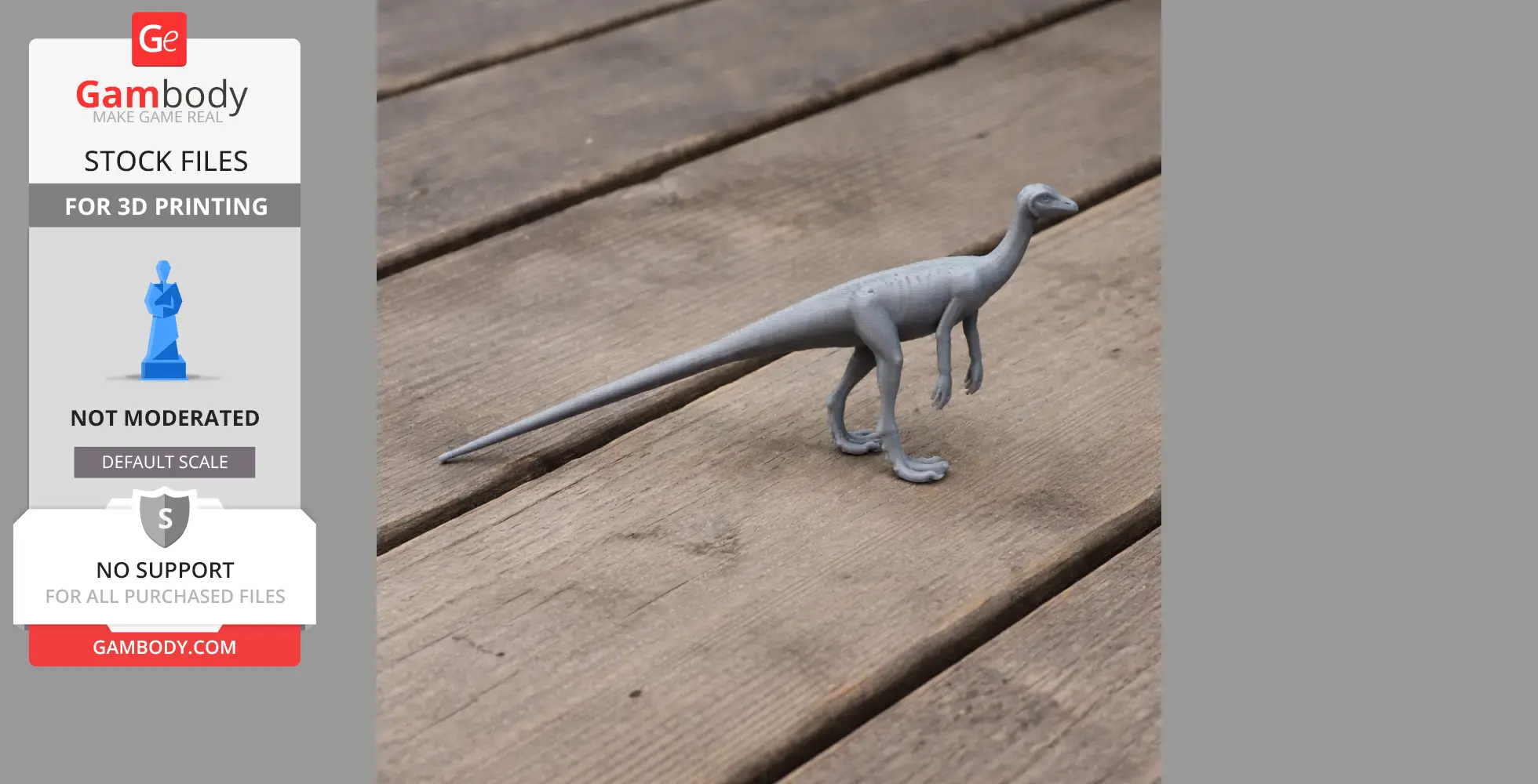 Gray 3D-printed model of a Marasuchus dinosaur on a wooden surface.