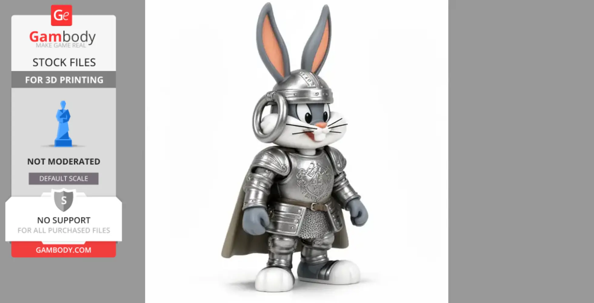 Cartoon rabbit in shiny medieval knight armor with a helmet and cape, ready for 3D printing.