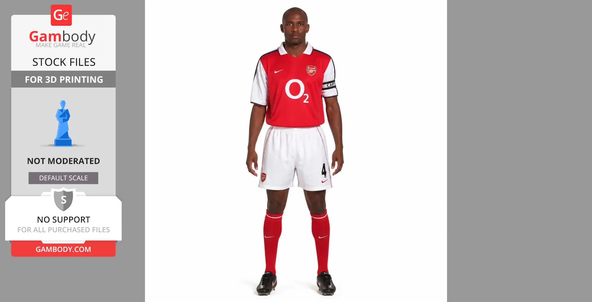 A soccer player figurine wearing a red and white uniform with the number 4.