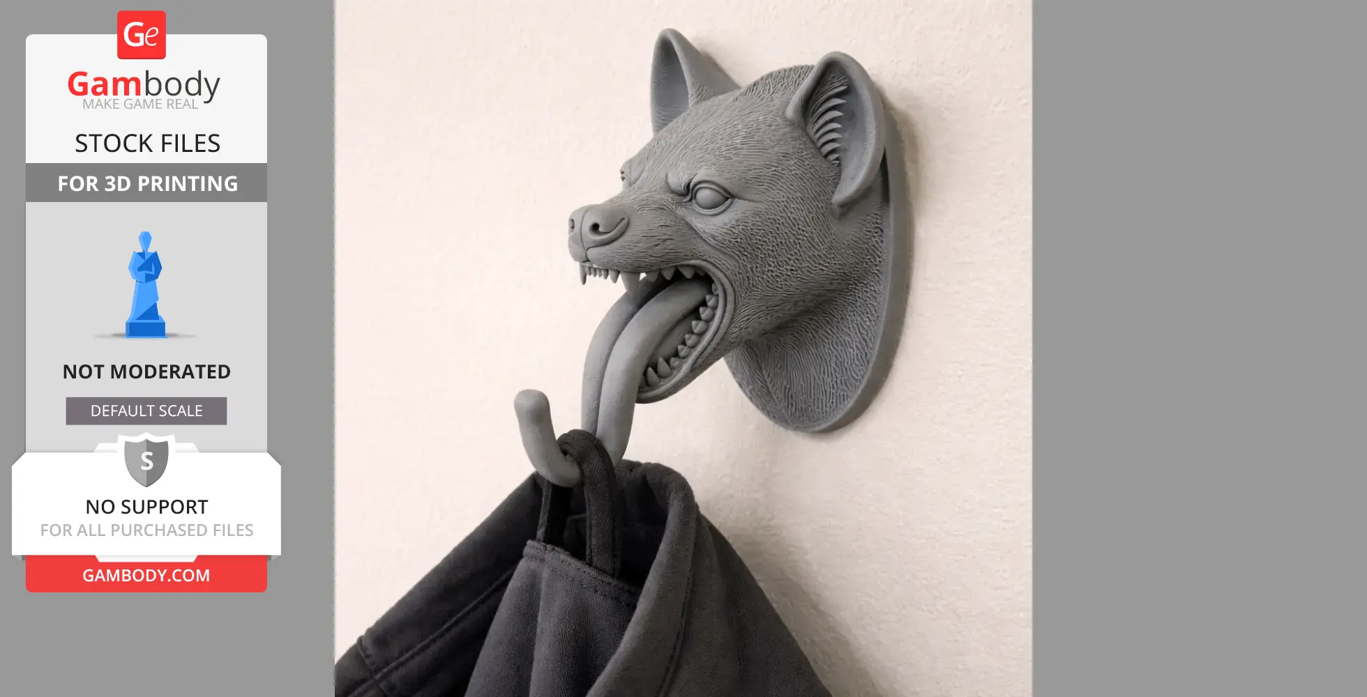 3D-printed hyena head wall hanger with open mouth and tongue hook holding a coat.